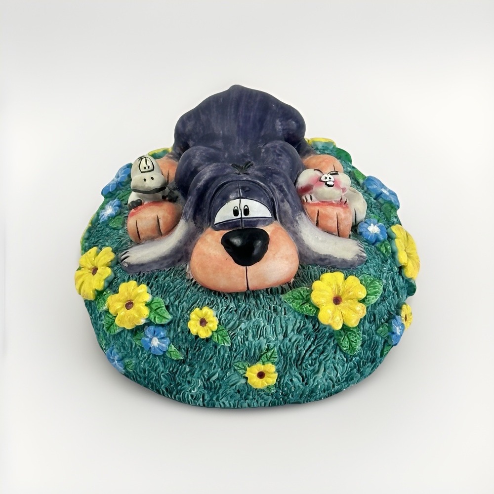 Rare Diddl Thomas Goletz Coin Bank w/ Key Dog & Mice Flowers 4.5"